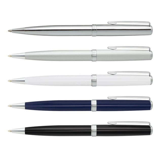 A collection of five metal pens in silver, white, navy blue, and black, featuring a branded logo.