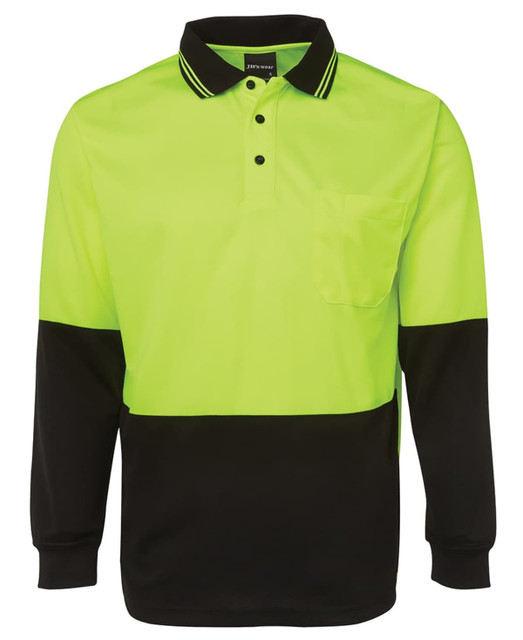 A long-sleeved polo shirt in bright yellow and black, featuring a pocket and a logo.