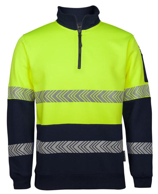 A high-visibility fleece jumper in bright yellow and navy blue, featuring reflective segmented stripes and a zip neck.