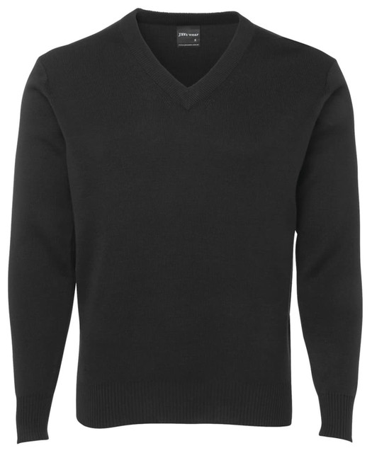 A black knitted jumper with a V-neck design and ribbed cuffs. It includes a branding label inside.