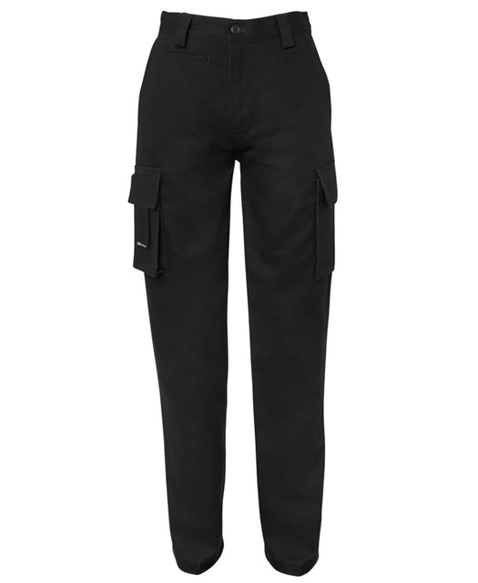 Navy cargo pants featuring multiple pockets and a straight-leg design. Includes a small logo on the waistband.