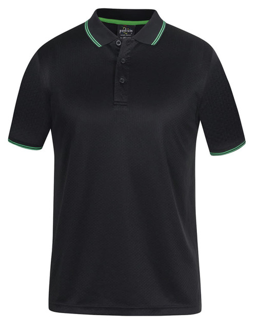 A black polo shirt featuring green contrast details and a logo. The shirt has a collar and button closure.
