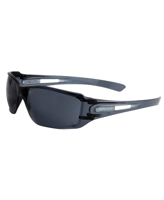 Sunglasses with a dark grey lens and black frames, featuring a logo on the side.