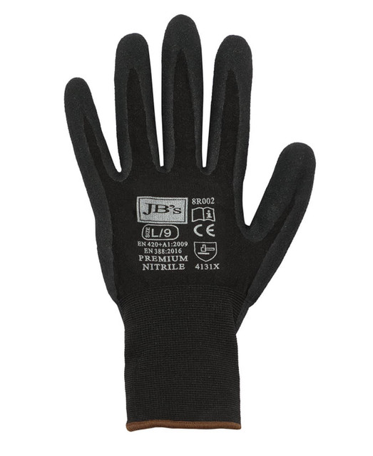 A black nitrile glove featuring a textured surface and a fitted wrist. Includes branding on the wrist area.