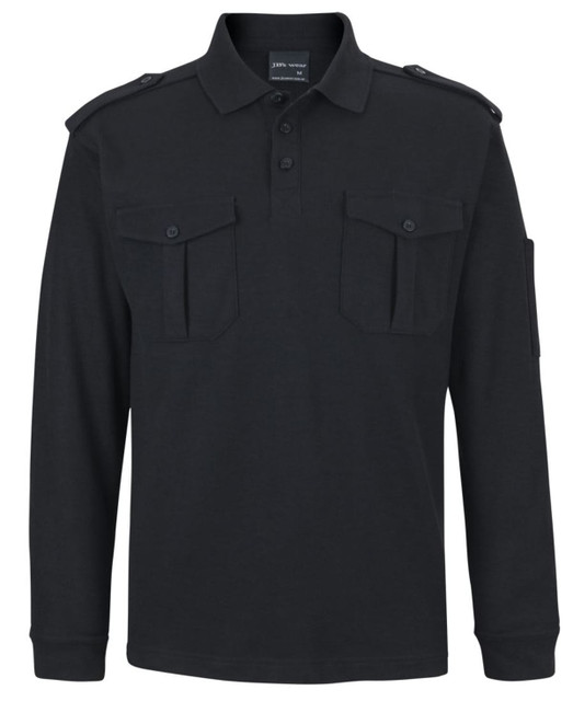 A black long-sleeve polo shirt featuring epaulettes and pockets, with a simple logo on the design.