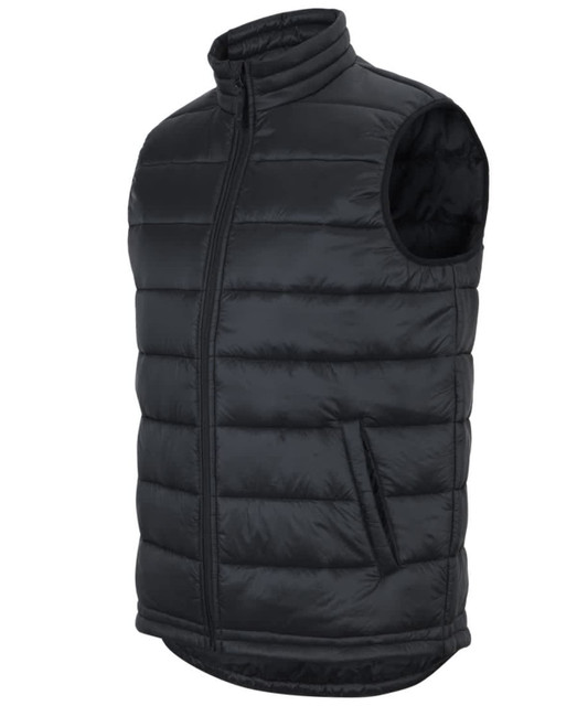 A black urban puffer vest with a zip front and side pockets, featuring a branding logo.