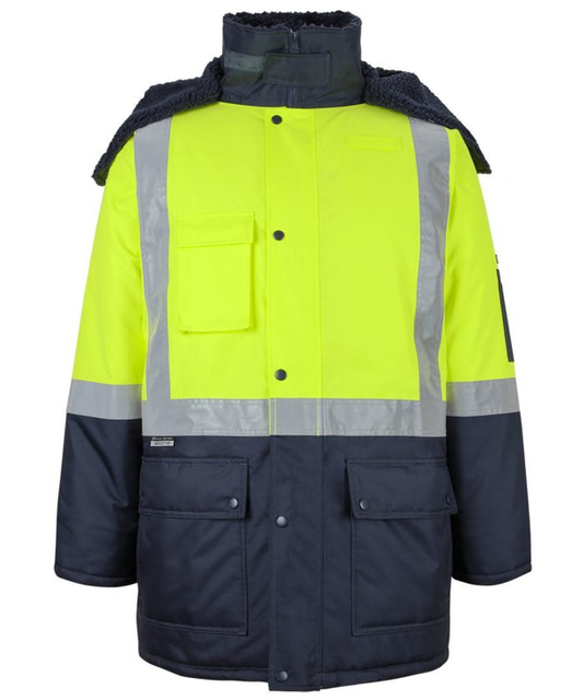 A lime and navy freezer jacket featuring reflective strips and a hood, with a logo on the sleeve.