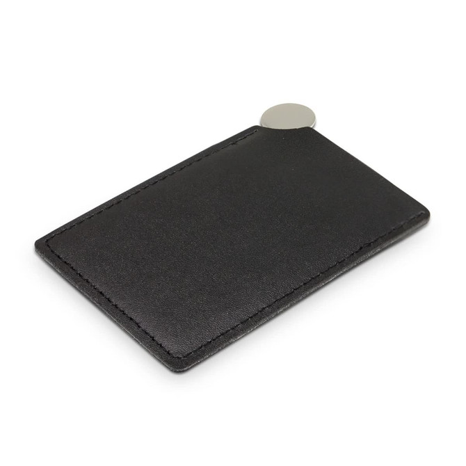A black vanity card mirror with a silver accent. It features a sleek, rectangular design.