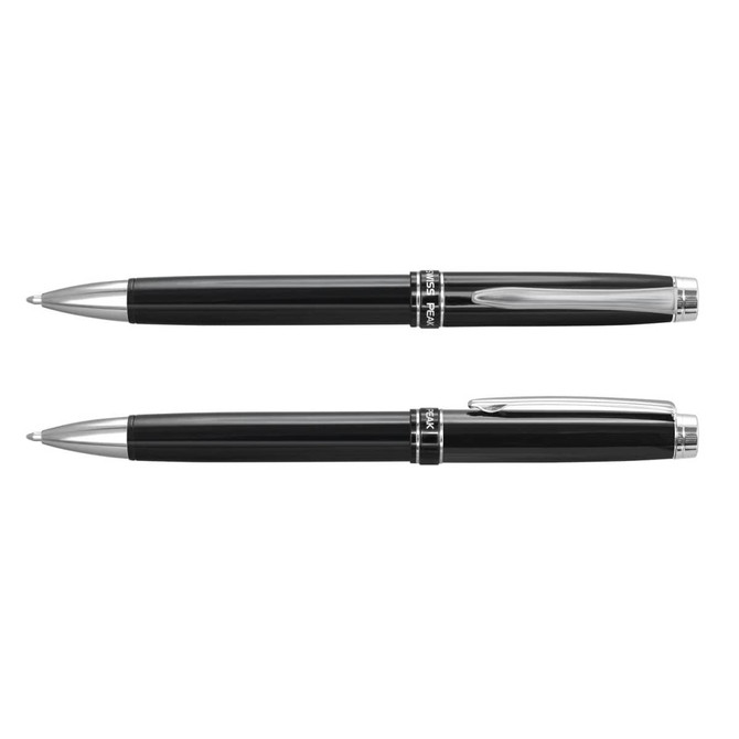 A black metal ballpoint pen with silver accents, featuring a branded clip and smooth writing action.