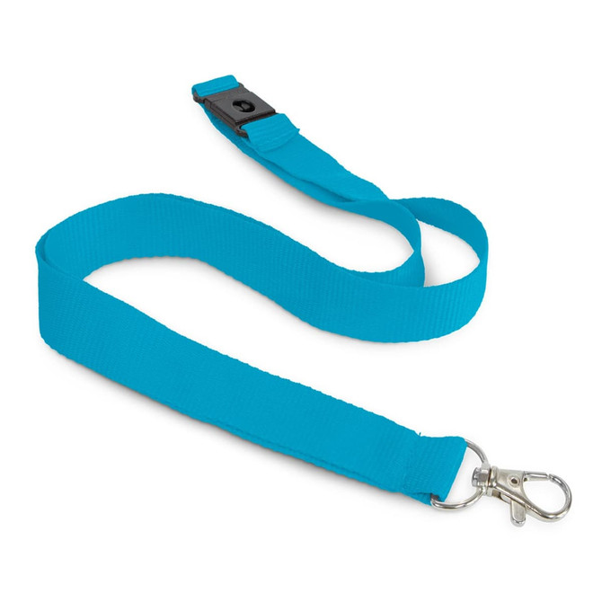 A blue cotton lanyard with a clip and adjustable section, featuring a logo.