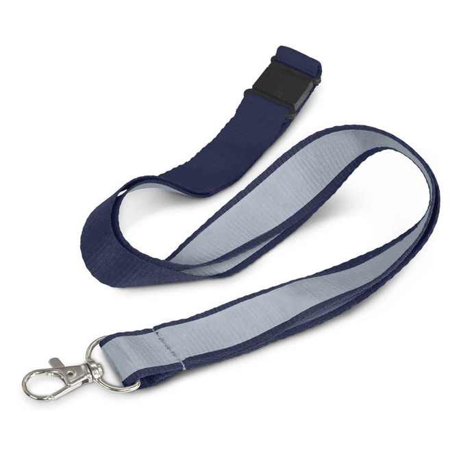 A navy blue lanyard with a reflective grey underside and a silver clip for attaching items. It includes a branding logo.