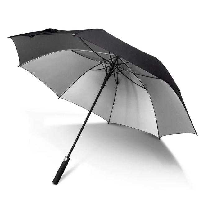 A black umbrella with a grey underside and a black handle, featuring a logo on the shaft.