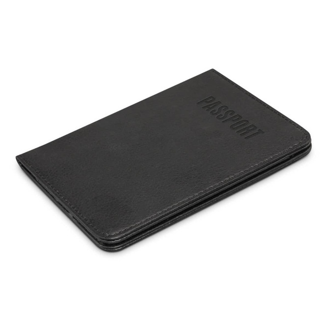 A black passport wallet with a textured surface and embossed branding on the front.
