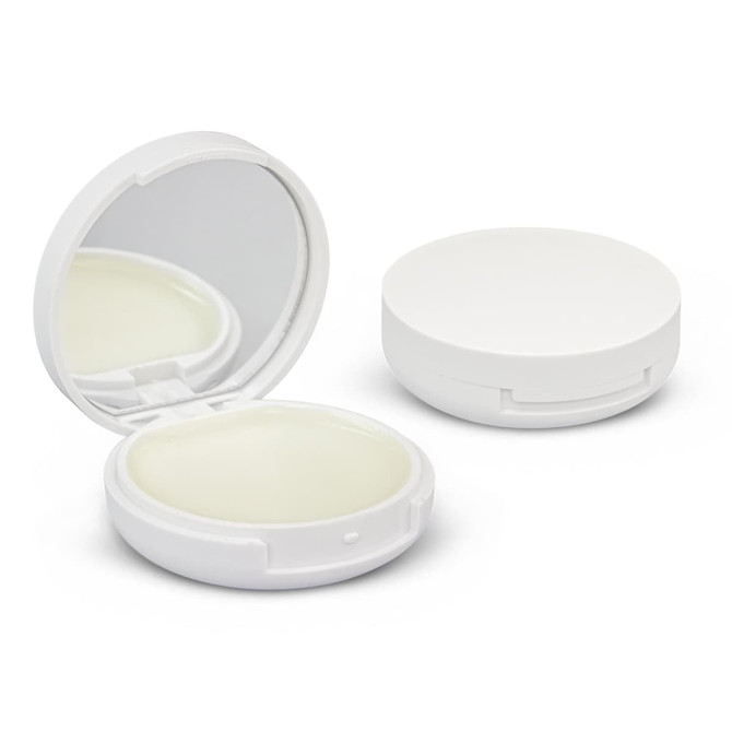 A compact mirror and lip balm in white, featuring a mirrored interior and an external lid.