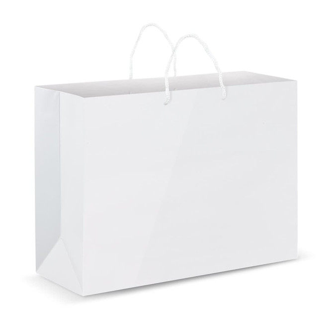 A large white laminated carry bag with white handles and a smooth, glossy finish.