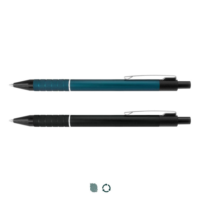 A metal pen set featuring a teal and a black pen, both with textured grips and clips. Each pen has a logo.