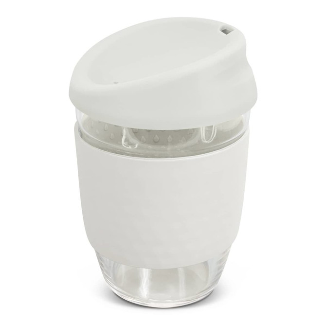 A drink bottle made of clear borosilicate glass with a white silicone sleeve and lid, featuring a logo.