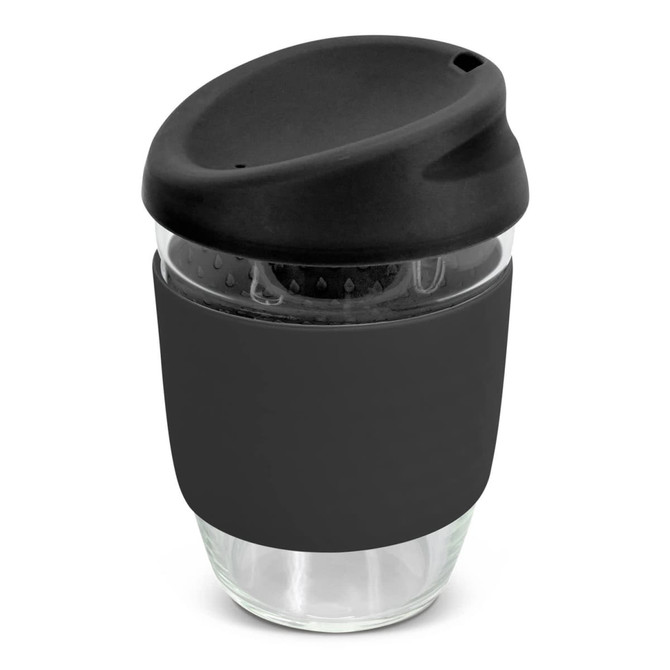A drink bottle made of clear borosilicate glass with a black silicone sleeve and lid, featuring a sleek design.