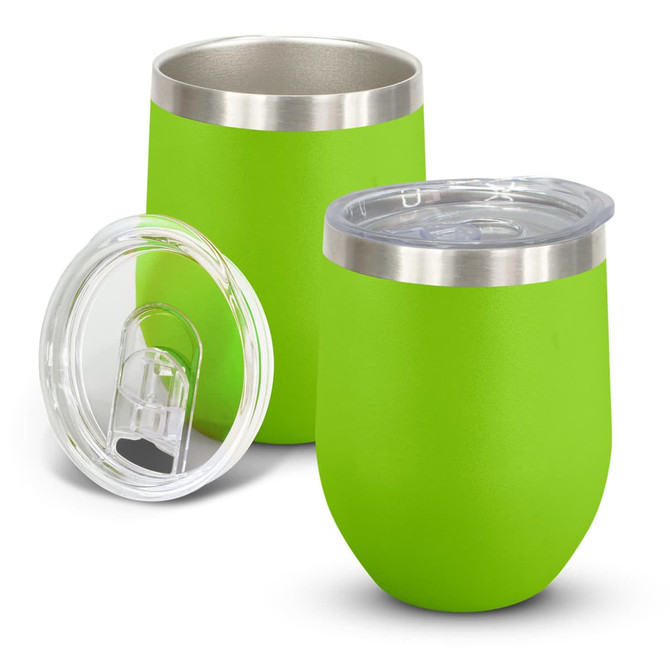 A drink bottle in bright green with a stainless steel base and a clear lid, featuring a logo.
