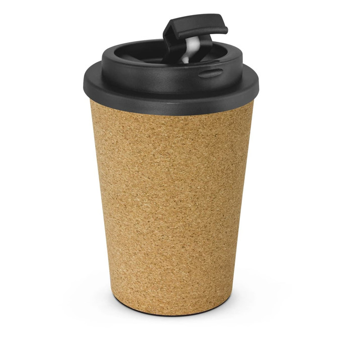 A drink bottle with a natural cork exterior and a black lid, featuring a sipping spout.
