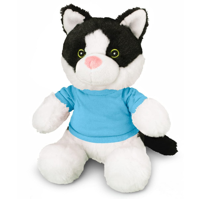 A black and white cat plush toy wearing a blue shirt, with large eyes and a soft, cuddly appearance.