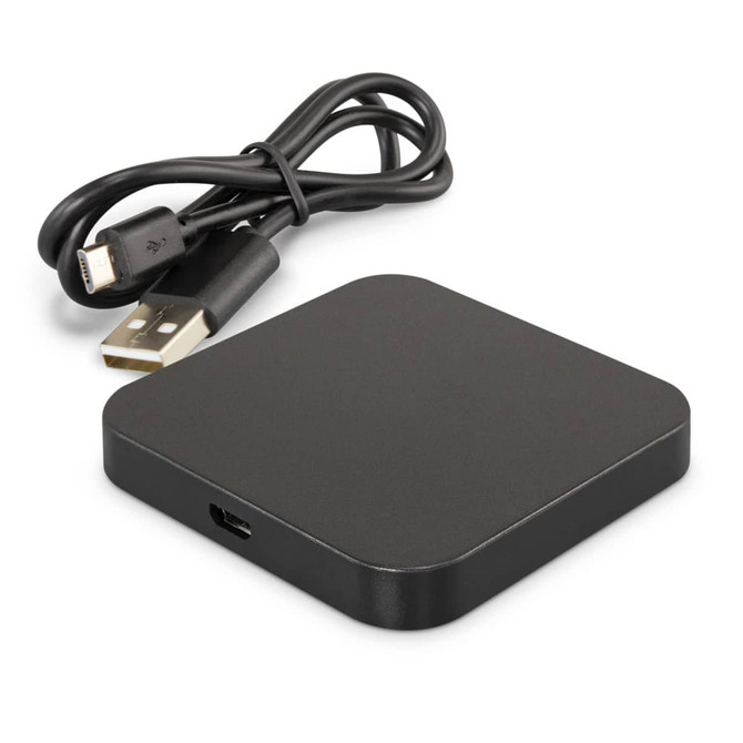 A square black wireless charger with a USB cable, featuring a sleek and minimalistic design.