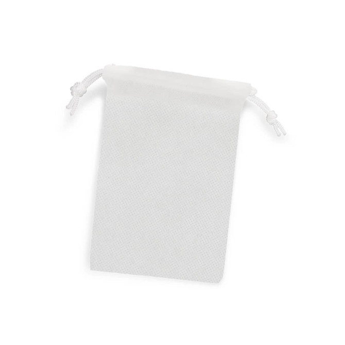 A small white drawstring gift bag with a textured pattern and two drawstrings at the top.