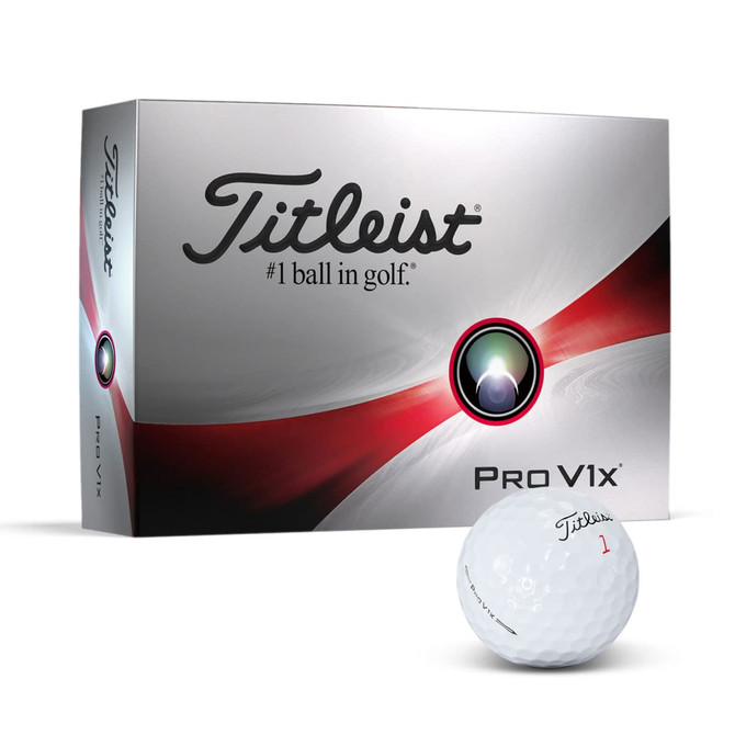 A box of Titleist Pro V1X golf balls with a single white ball in front, featuring a logo on the ball.