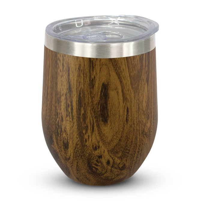 A drink bottle featuring a wooden grain finish with a silver band and a clear lid.