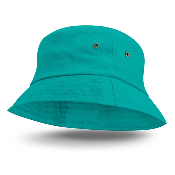 A teal bucket hat with a wide brim and ventilation eyelets, featuring a logo on the side.