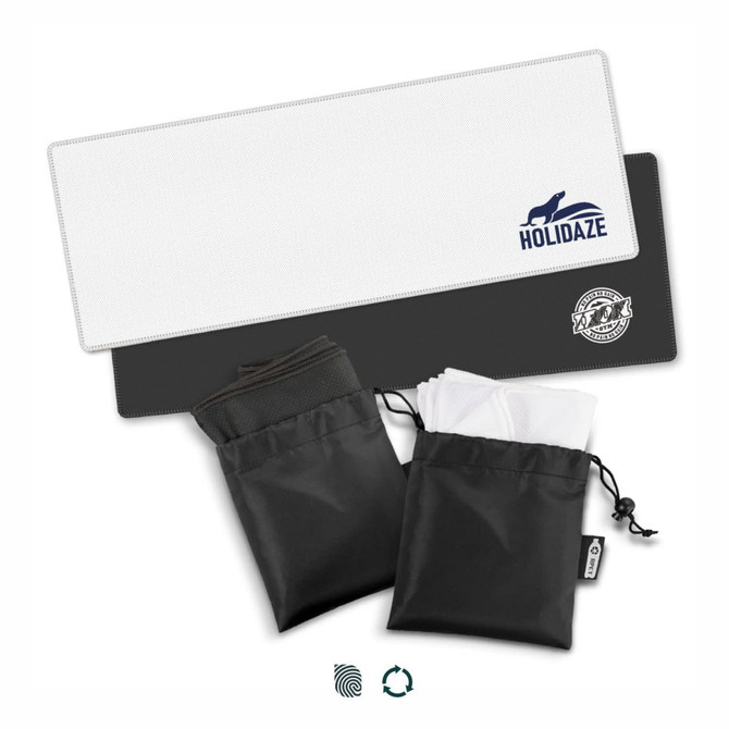 A set of two RPET cooling towels in black and white pouches, featuring a logo on one towel.