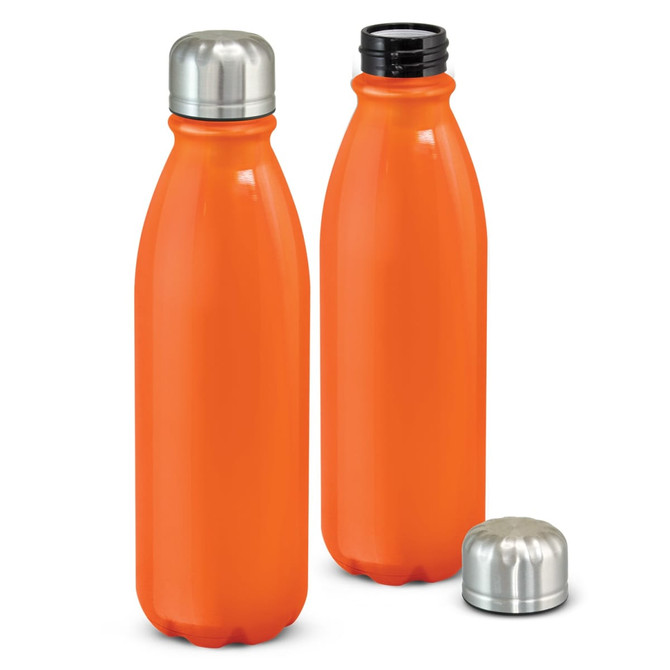 A drink bottle set in vibrant orange, featuring a stainless steel lid and a black inner cap.