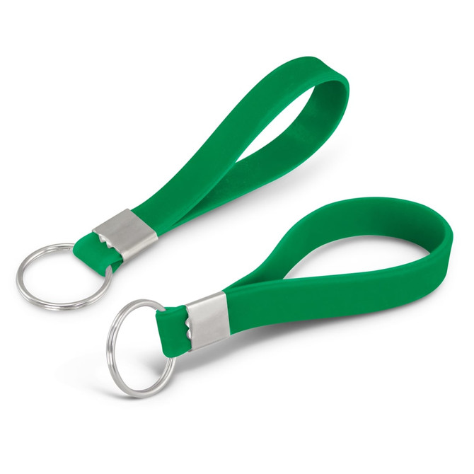 Two green silicone key rings with a metal ring attachment and a debossed design feature.