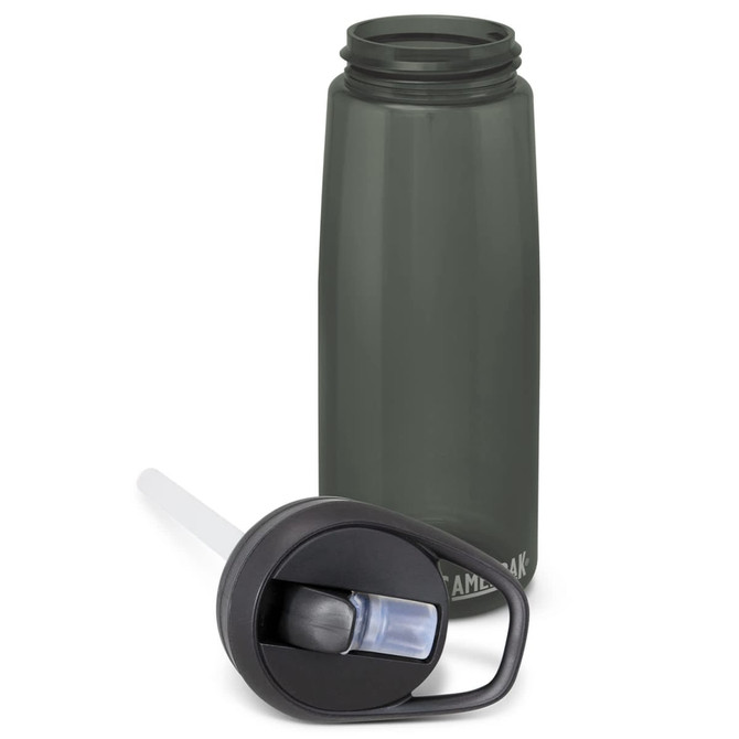 A drink bottle in dark green with a black lid and straw, featuring a branding logo.
