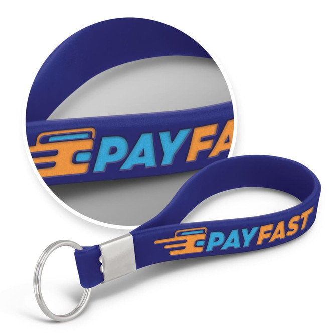 A blue silicone key ring with a debossed design and a metal keyring attachment. It features a logo.