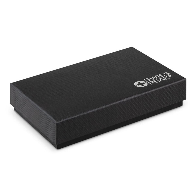 A black box containing a Swiss Peak Manicure Set, featuring a logo on the surface.