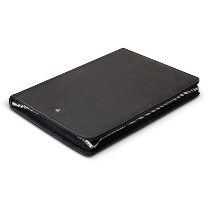 A black zippered A4 portfolio with a sleek design and a logo on the front.