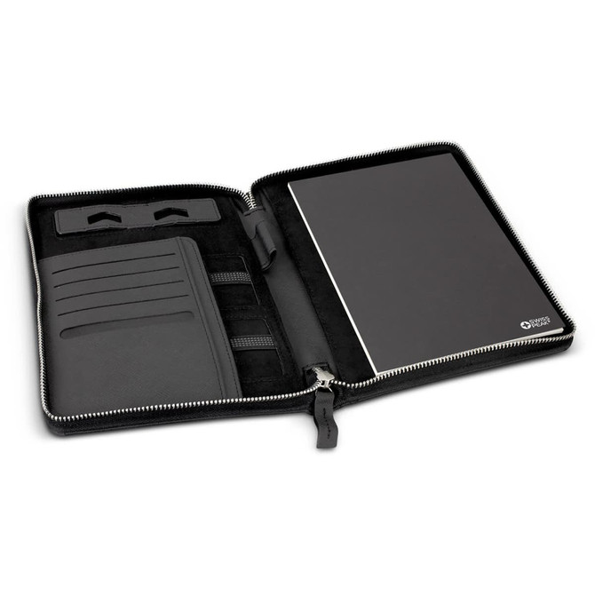 A black Swiss Peak Heritage A5 portfolio with zipper, featuring a notepad, card slots, and elastic pen holders inside.