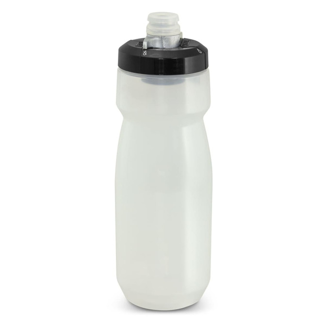 A drink bottle with a translucent white body and black lid, featuring a sports spout and a logo.