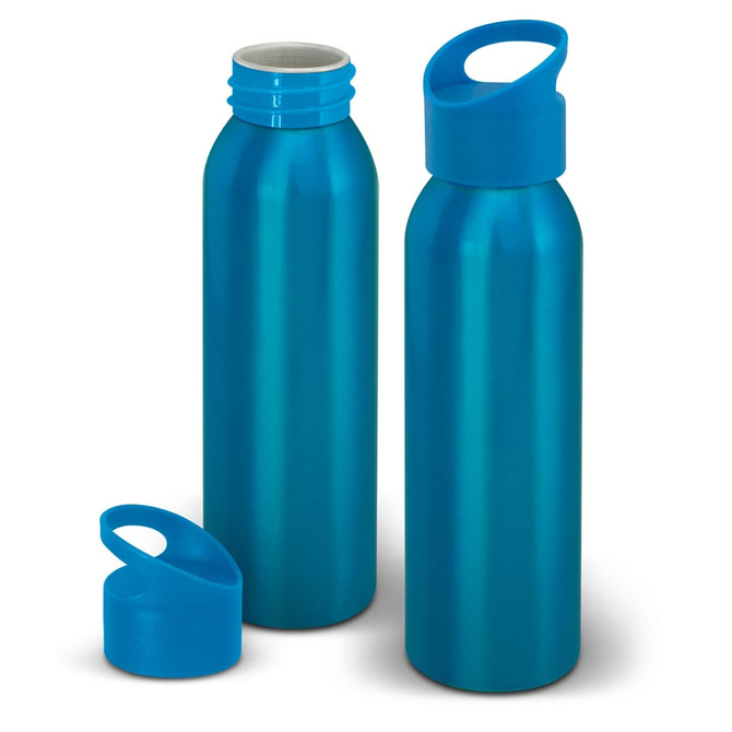 A drink bottle set in shiny blue aluminium, featuring a screw-top lid and a cap with a handle.