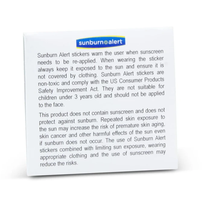A pack of Sunburn Alert Stickers in a white box. It has a logo and provides information about sun protection.