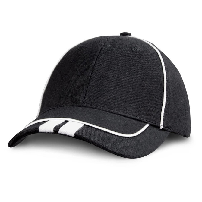 A black cap with white accents and a logo, featuring a structured design and curved brim.