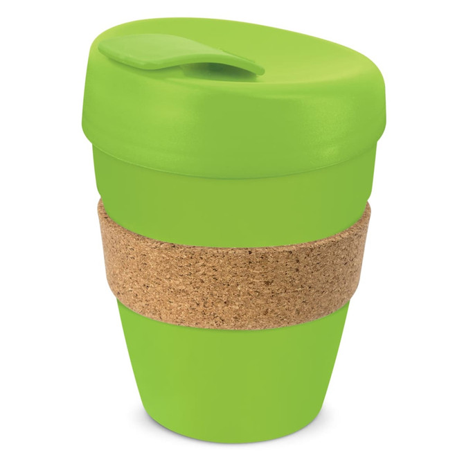 A drink bottle featuring a bright green design with a cork band around the middle and a secure, flip-top lid.
