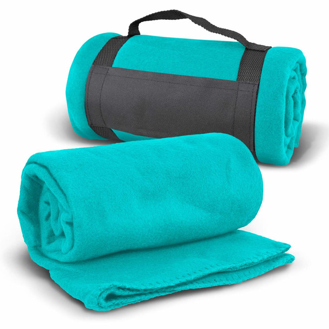 A turquoise fleece blanket with a black strap, rolled and neatly laid out, showcasing its soft texture.