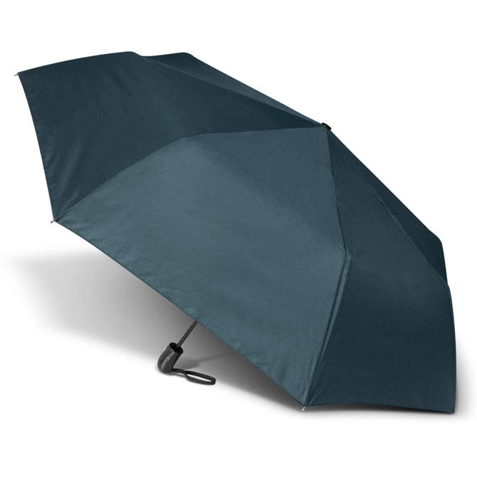 A dark green umbrella with a black handle, featuring a logo on the fabric.