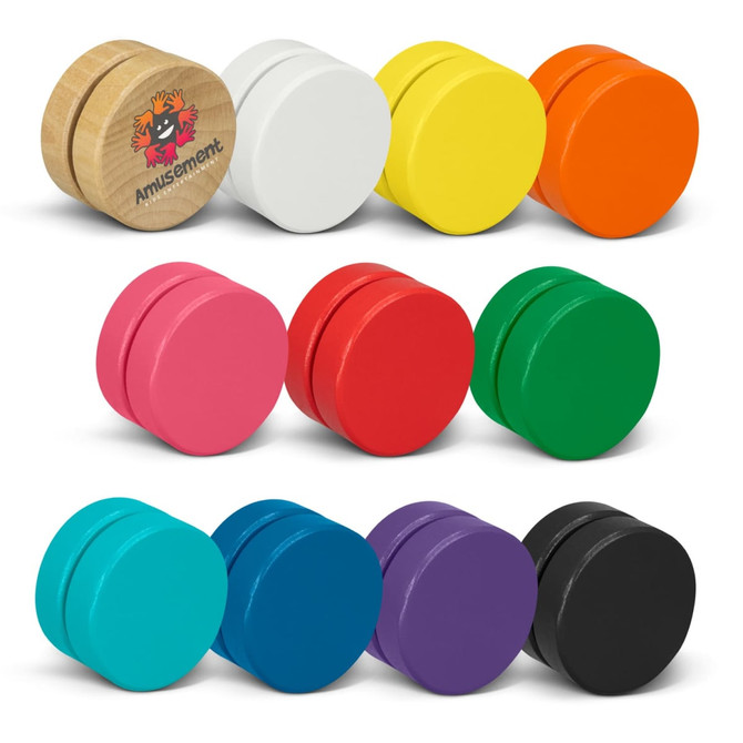 A collection of Jester Wooden Yoyos in various colours, including white, yellow, orange, pink, green, purple, and black.