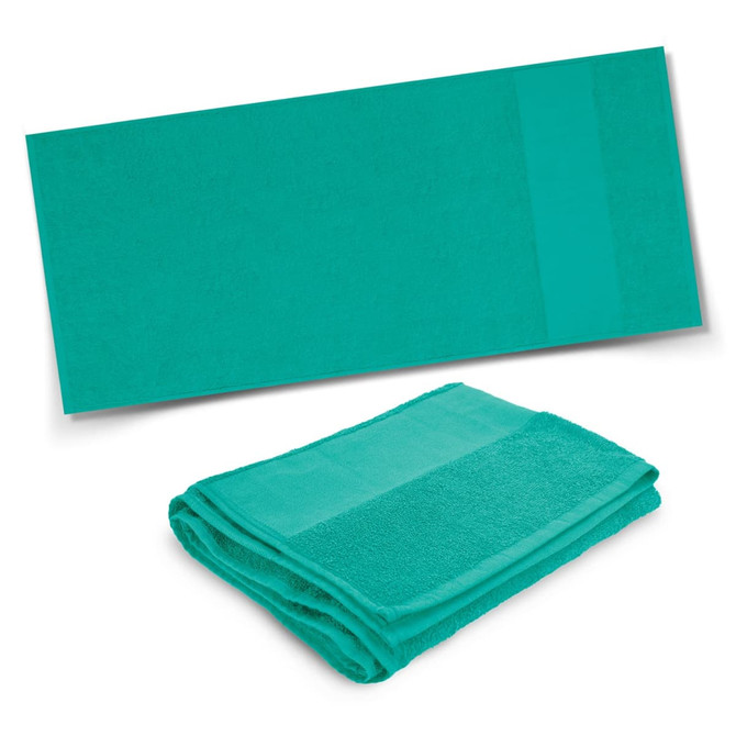 A folded and unfolded turquoise towel, featuring a textured stripe, with a logo on it.