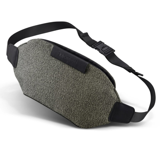 A textured green and grey belt bag with a black adjustable strap and a logo.
