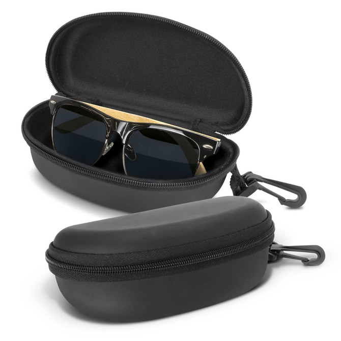 A pair of black Maverick sunglasses inside a black hard case, featuring a logo on the case's exterior.
