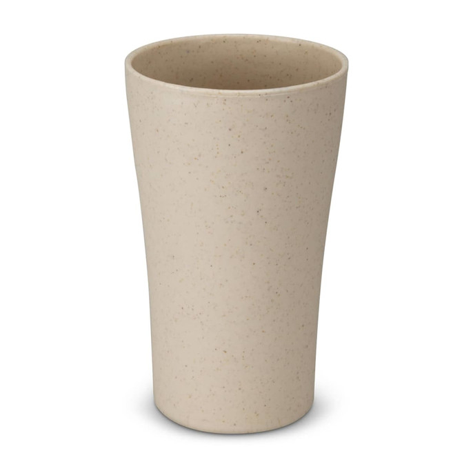 A plastic tumbler in a natural beige colour with a simple, smooth design and a logo.